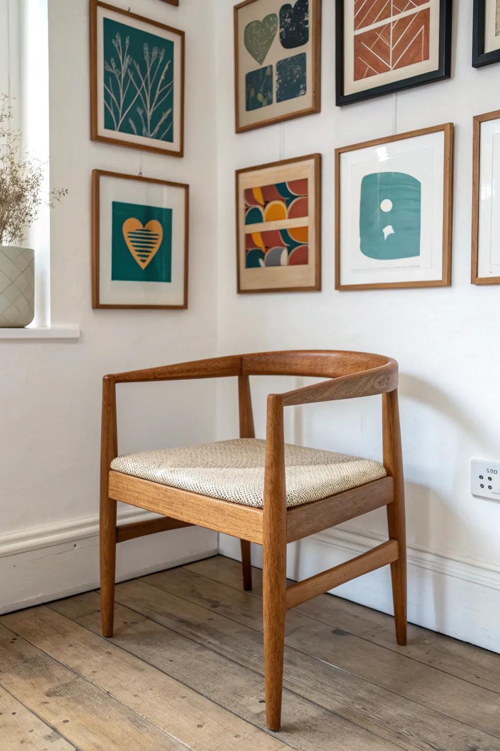 Turn a corner seat into a destination with a swap-friendly gallery wall on a slim wood ledge.