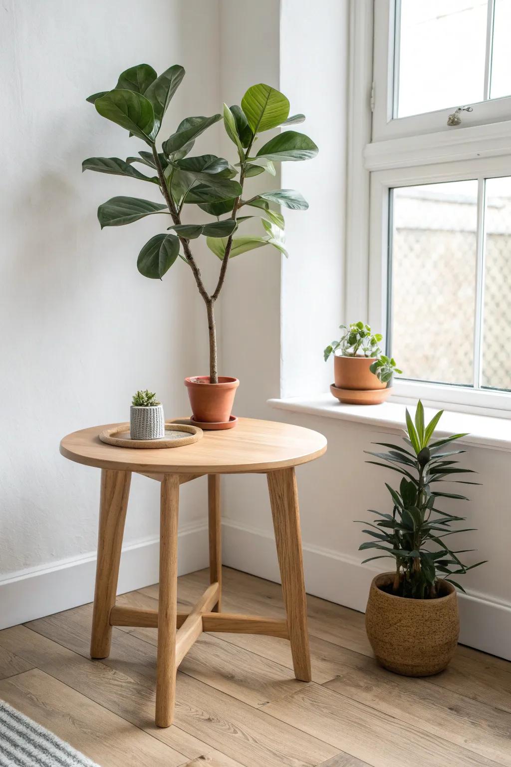 Layer a tall leafy plant with a tiny succulent for clean, lively corner table depth.