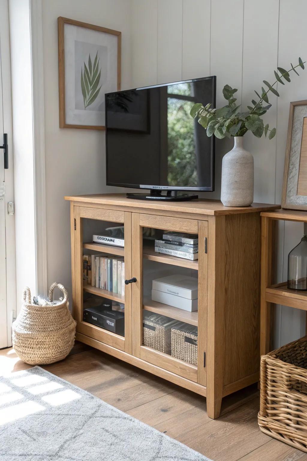 Polished corner TV stand with glass doors—curated storage that keeps your living room airy.