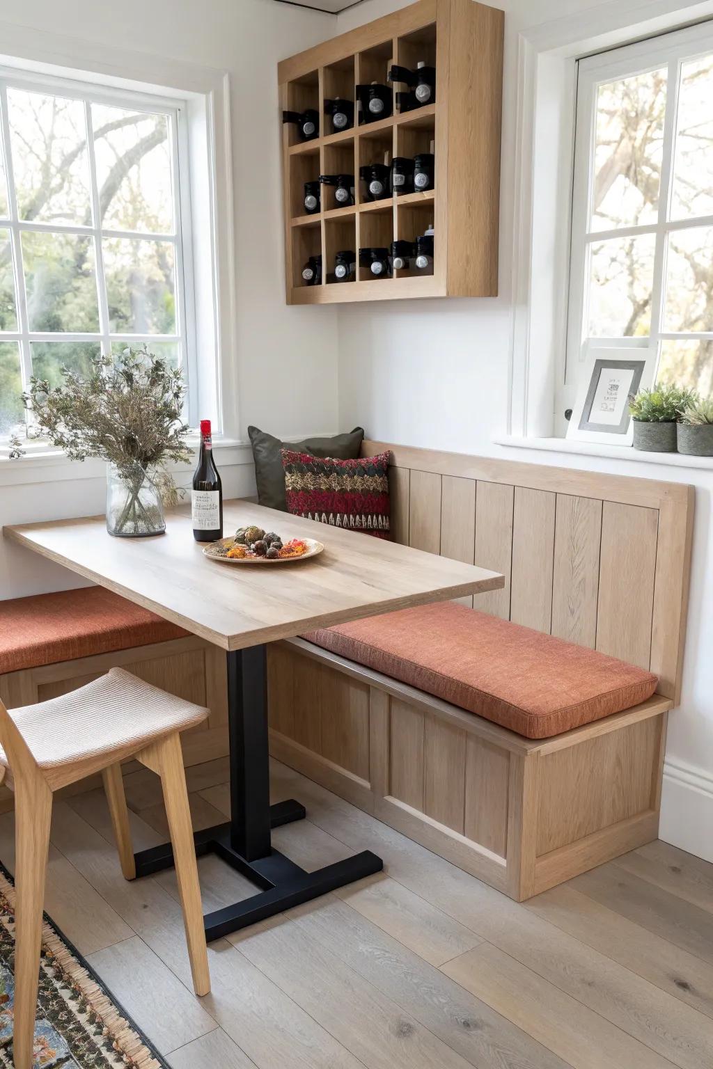 L-shaped corner bench with wine cubbies below—minimal, cozy, and a clever hidden storage win.