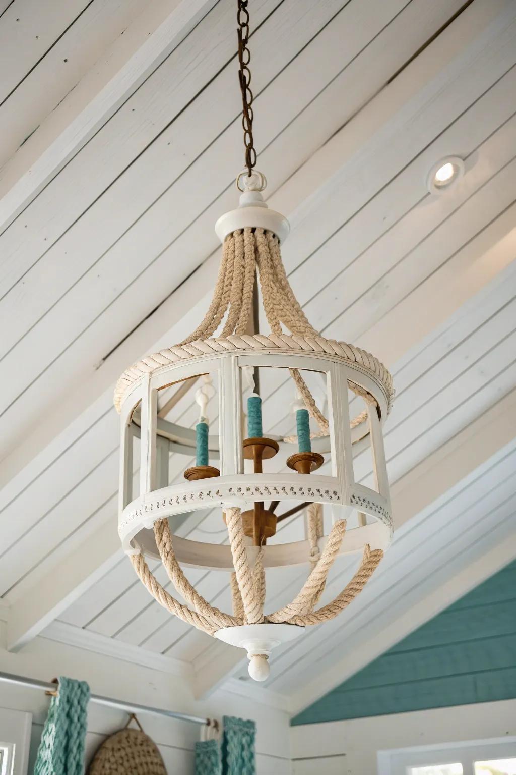 Soft white chandelier on shiplap—minimal, cottage-bright, and beautifully textured.