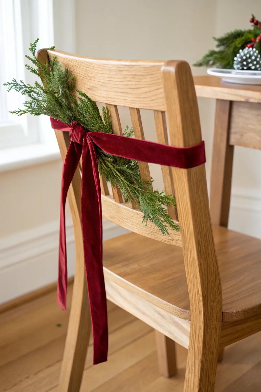 Evergreen sprigs and a crimson ribbon transform a simple wooden chair into holiday charm.