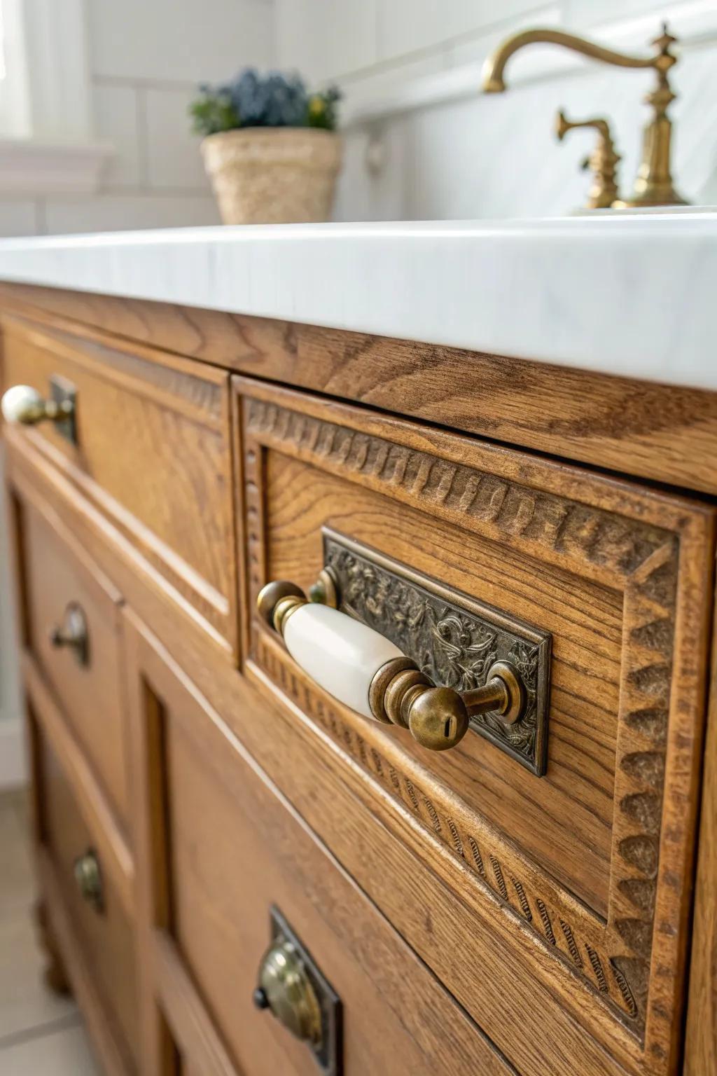 Old-world brass and porcelain hardware instantly gives a wood vanity that cottage-core charm.