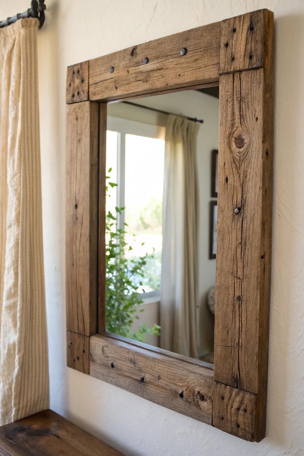 Rustic reclaimed-wood mirror frame—farmhouse charm with natural texture and warm contrast.