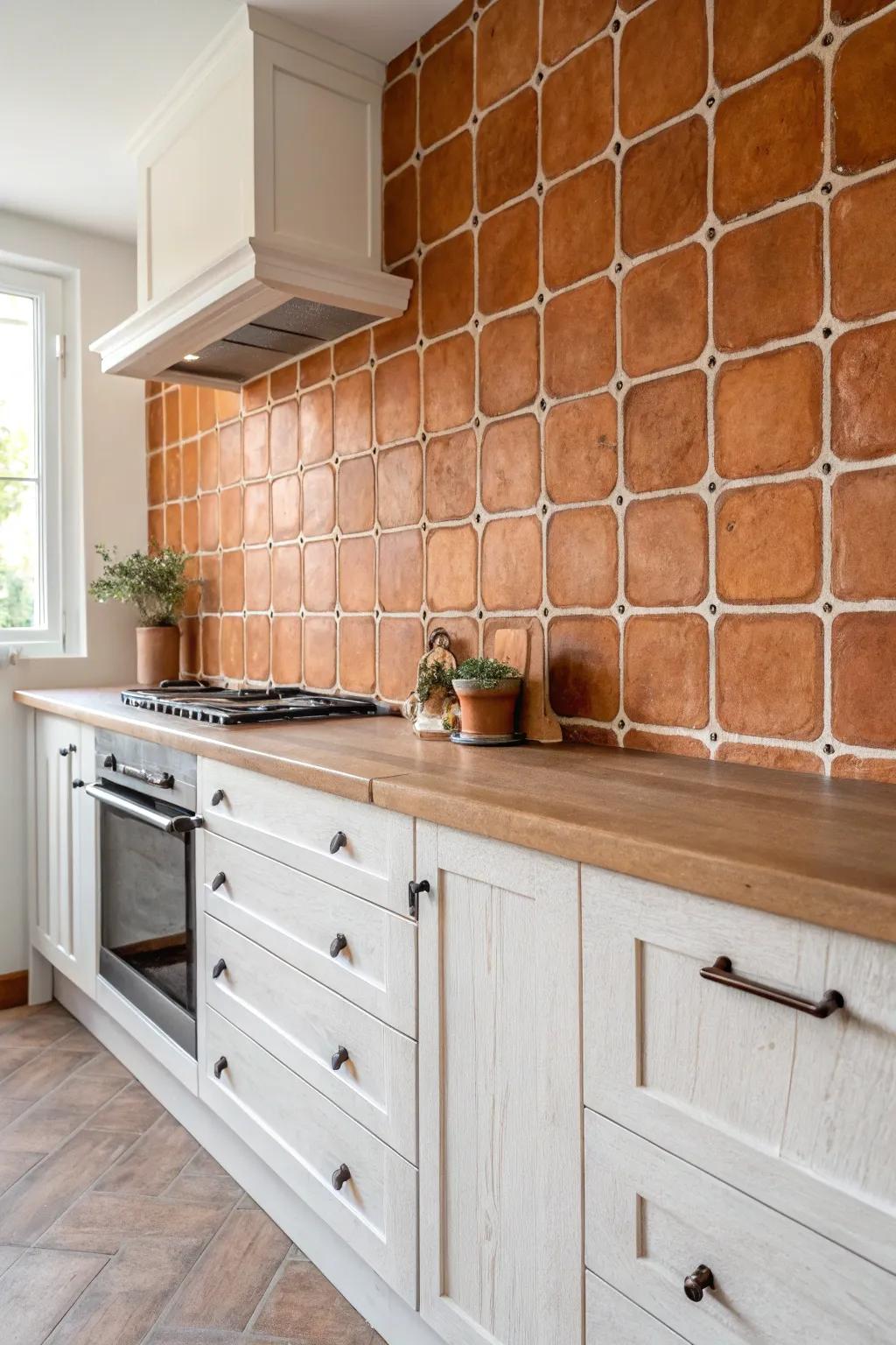 Earthy sealed terracotta tiles glow at night—instant cottage warmth with creamy cabinets.