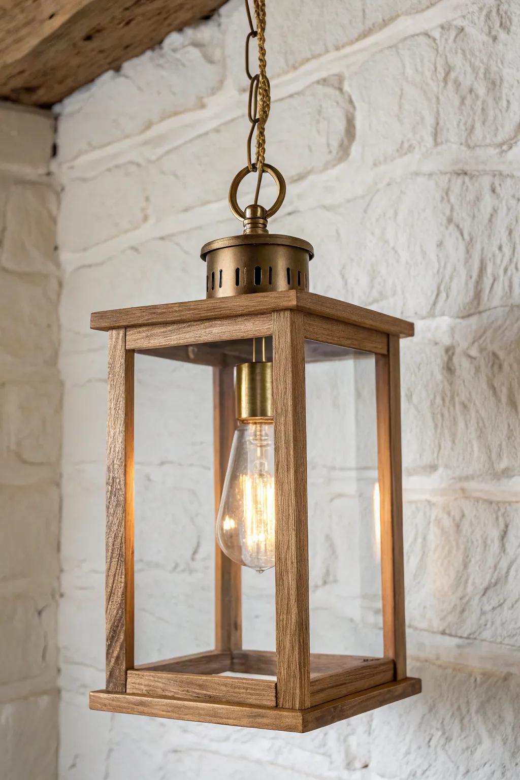 Warm vintage lantern light in oak and brass—simple, cozy cottage glow with modern calm.