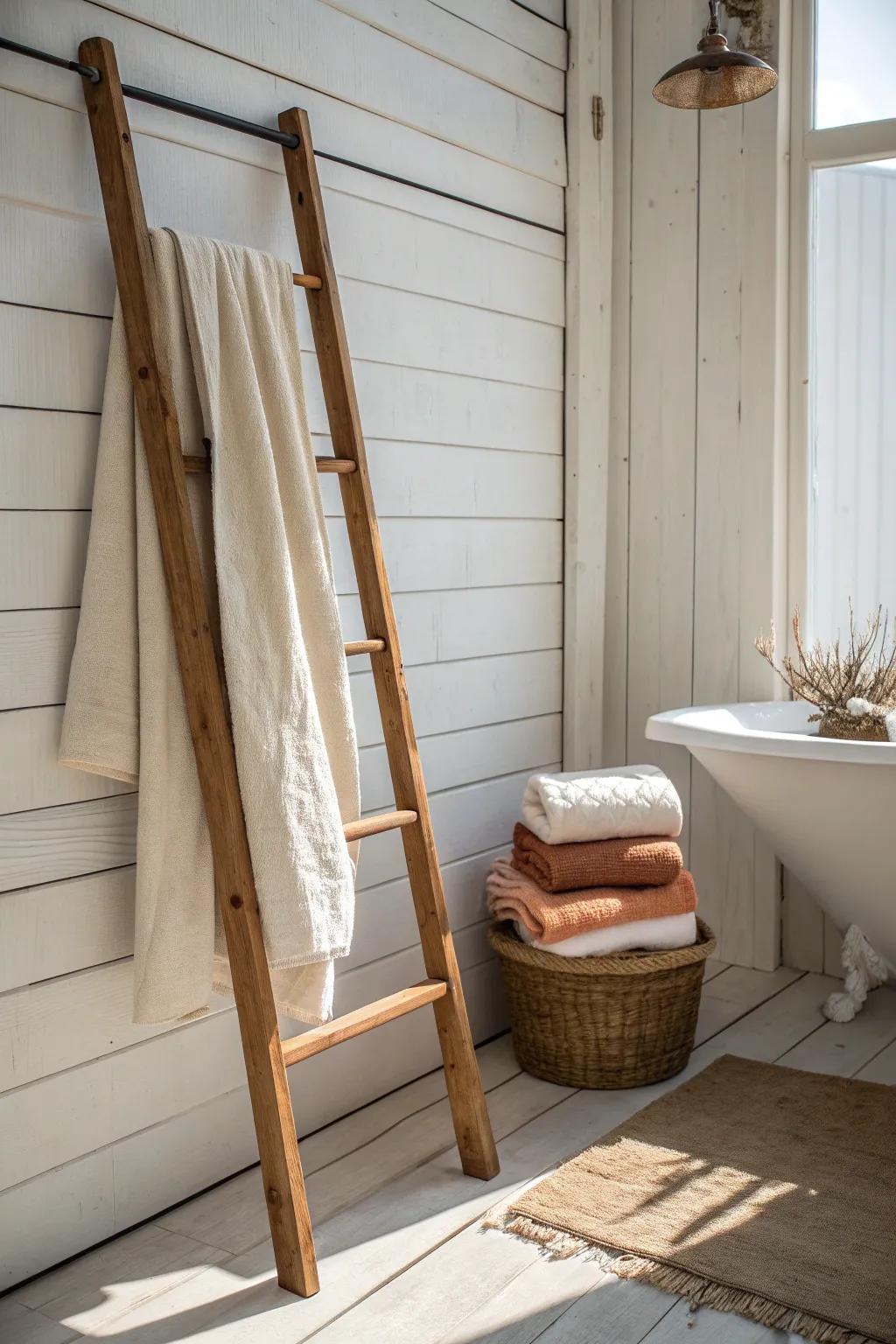 Linen-soft textures and ruffled towels on a wooden ladder for instant cottagecore calm.