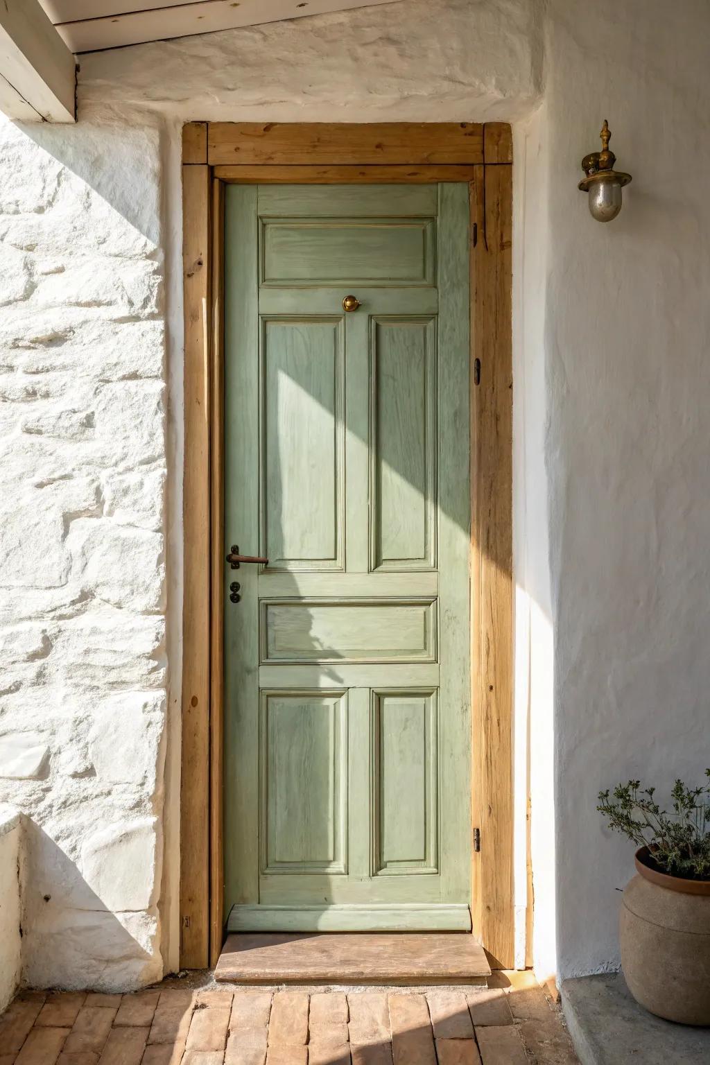 A softly painted sage door with warm cream trim—instant cottagecore charm with crafted warmth.