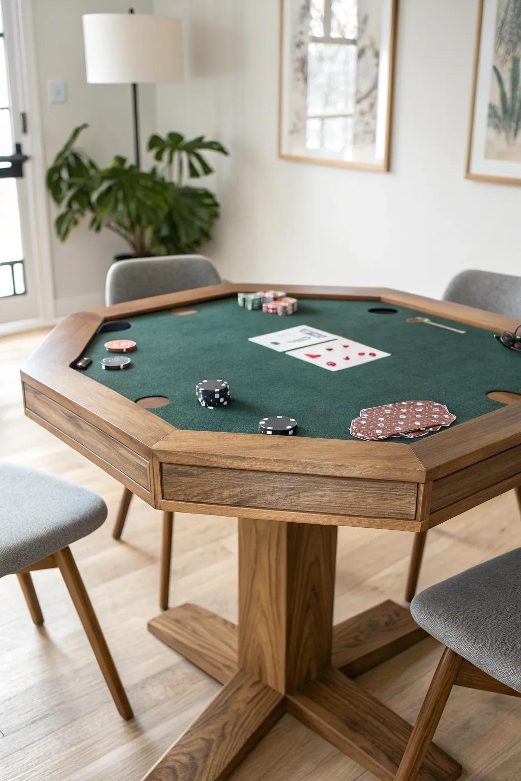 Rustic poker table topper with rich wood edging—flexible game-night style with bold contrast.