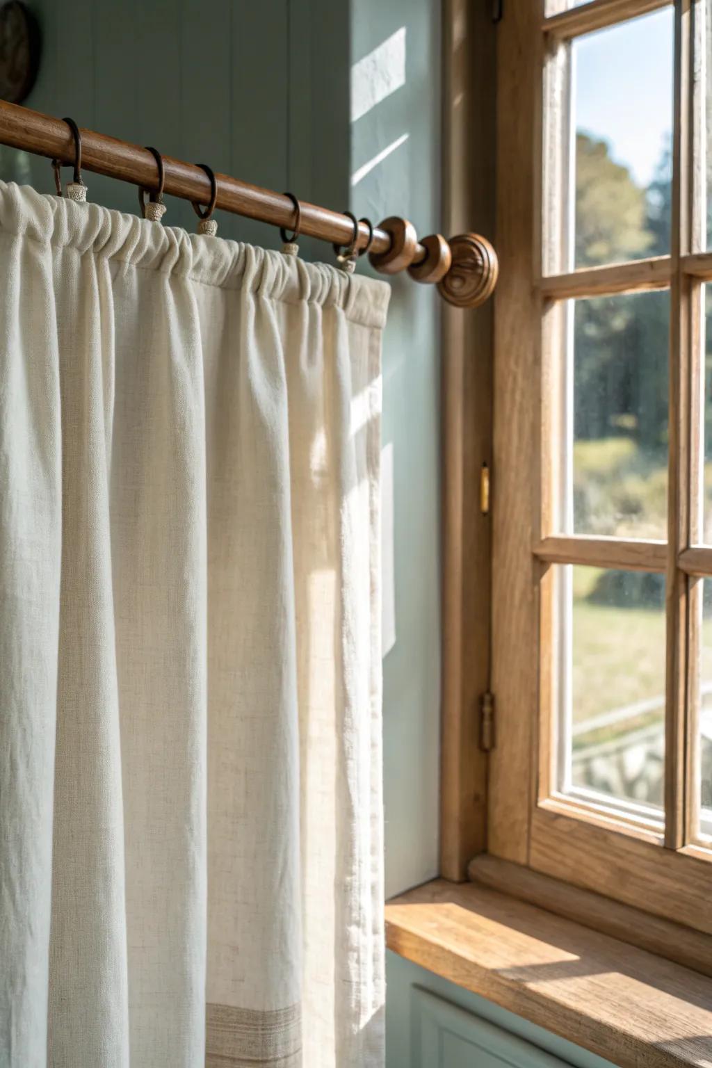 Linen café curtains on a handcrafted oak rod—sweet privacy, soft light, and cottage charm.