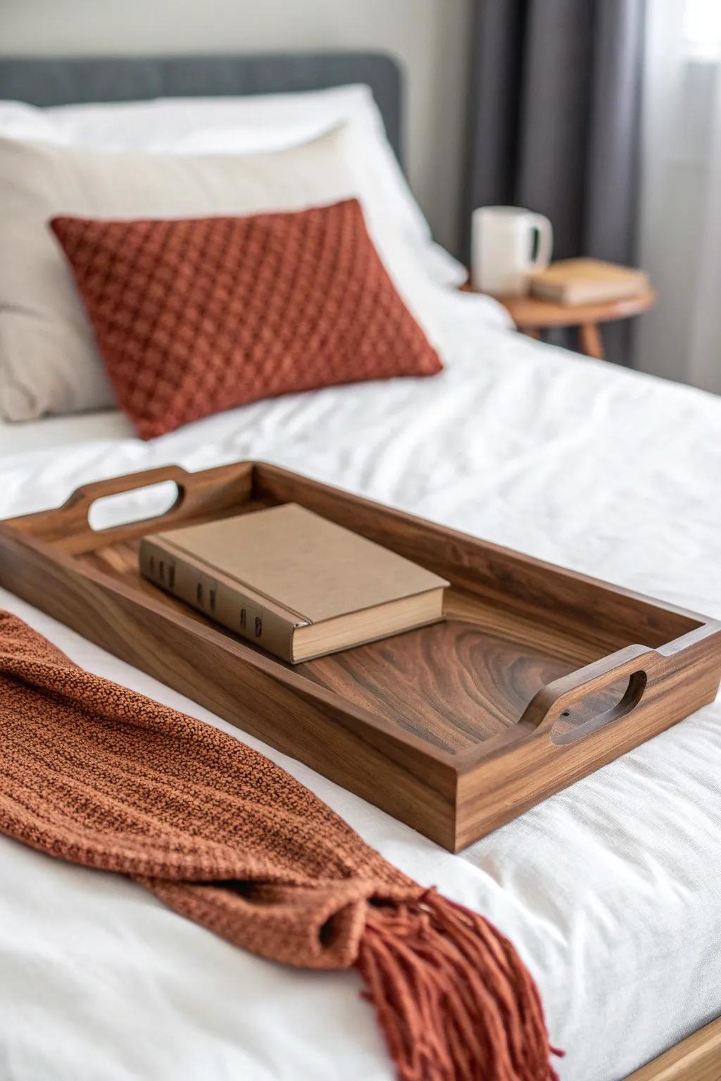 A handmade wood tray turns your bed into a calm ritual zone—tea, book, and breathe.