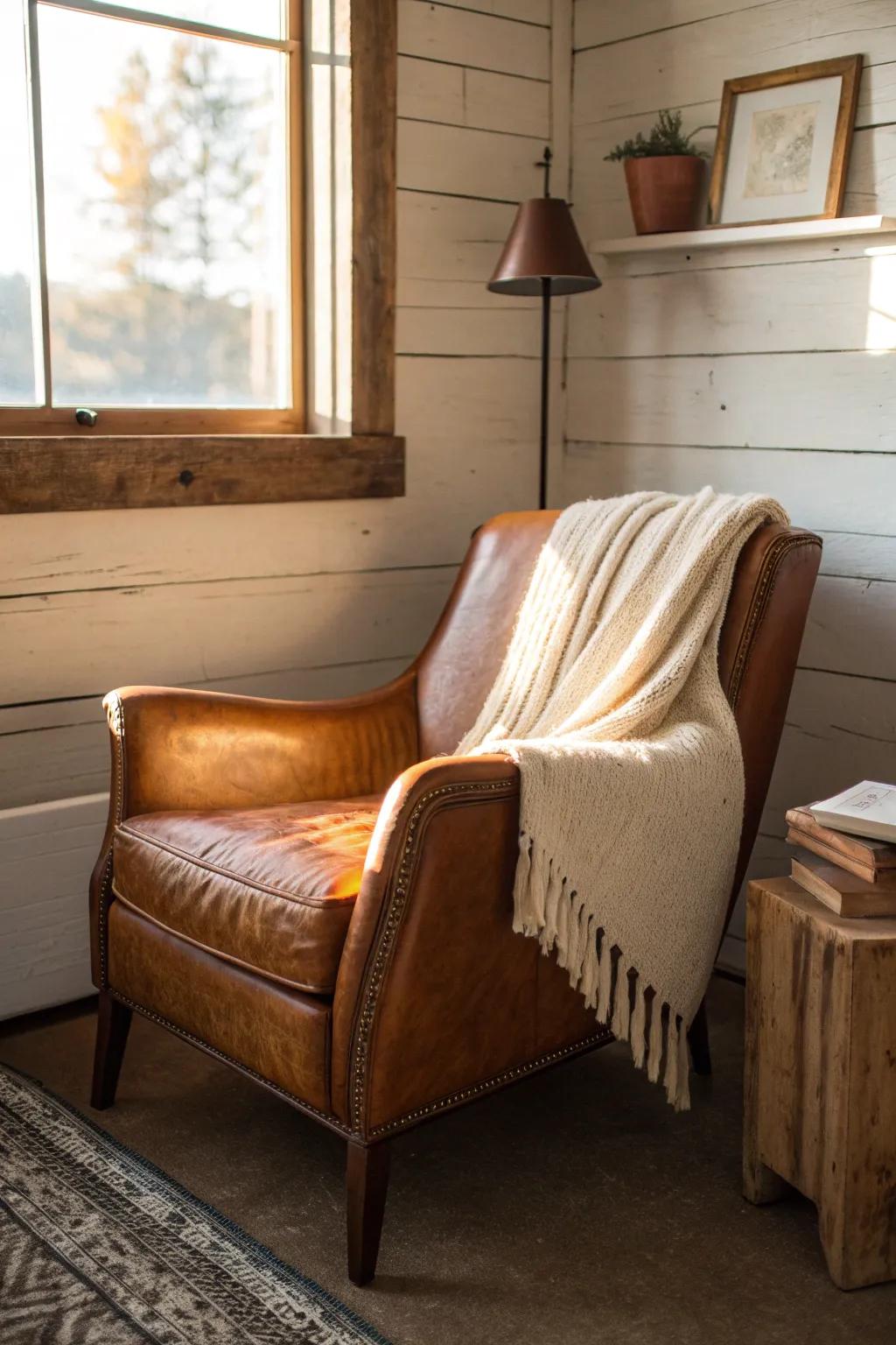 A cognac leather chair + soft throw—your rustic bedroom’s coziest reading corner moment.
