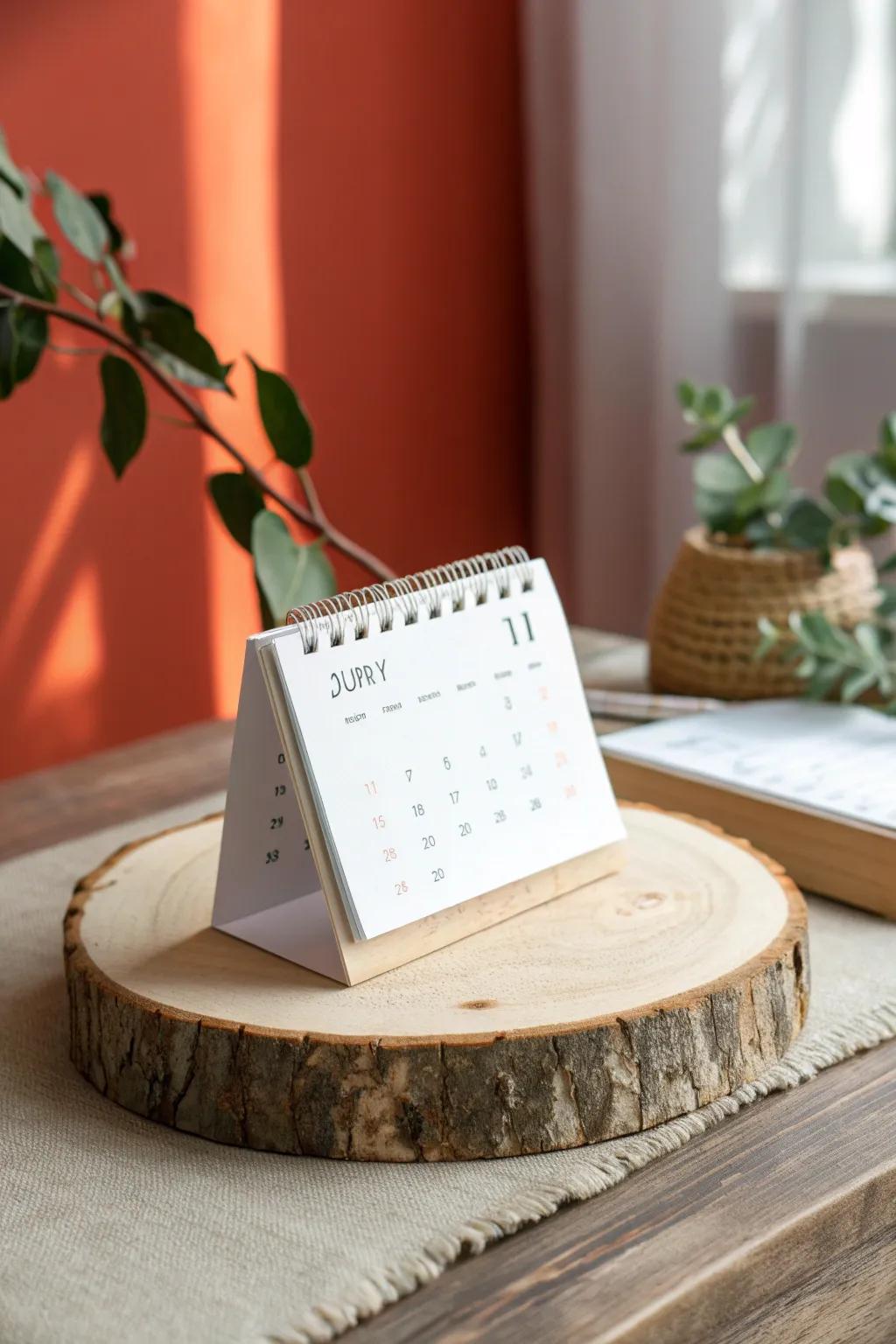 A minimalist wood-slice calendar stand—simple, bold, and beautifully handcrafted.