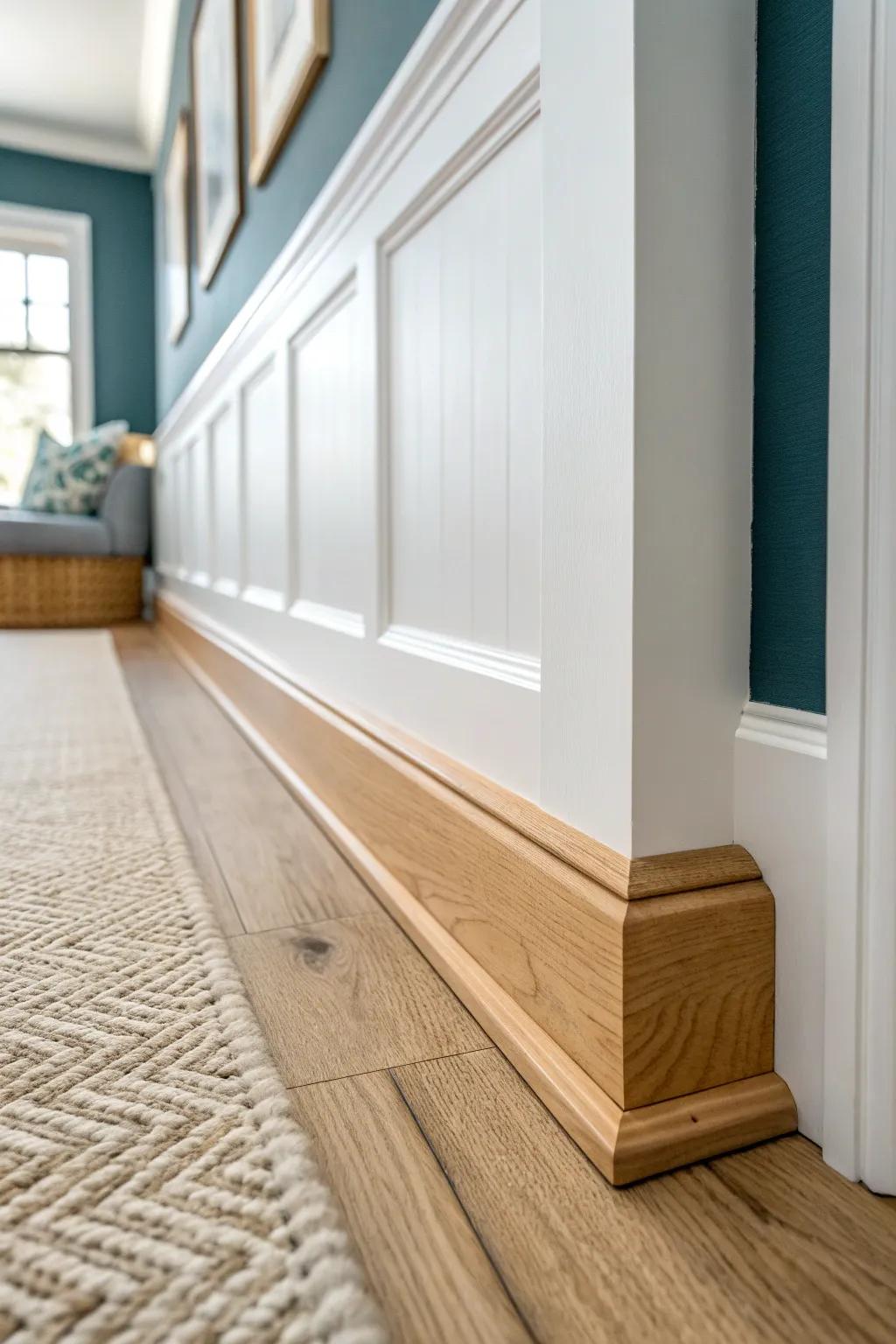 Run baseboards into wainscoting trim to make your lower wall feel seamless, intentional, and custom.