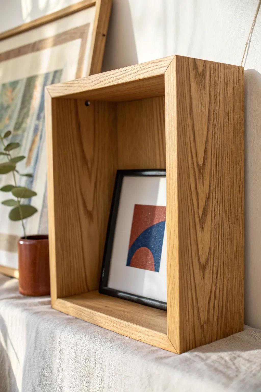 Tuck a mini art frame into a wooden cubby for instant personality you can swap anytime.