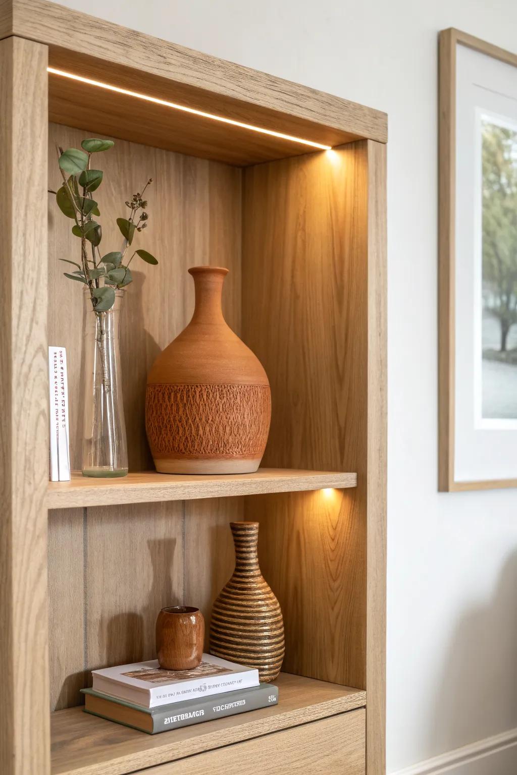 Warm hidden LED glow turns a simple oak cubby into a cozy, intentional nighttime vignette.
