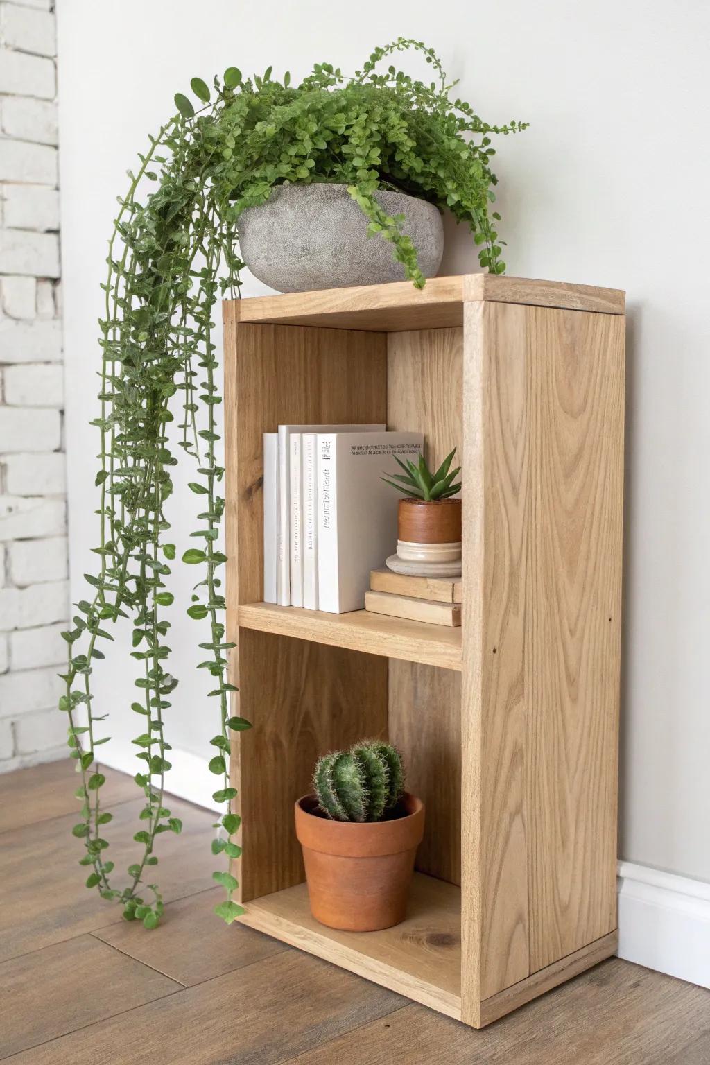Plant-forward cube shelf styling: trailing greens, terracotta accents, and airy negative space.