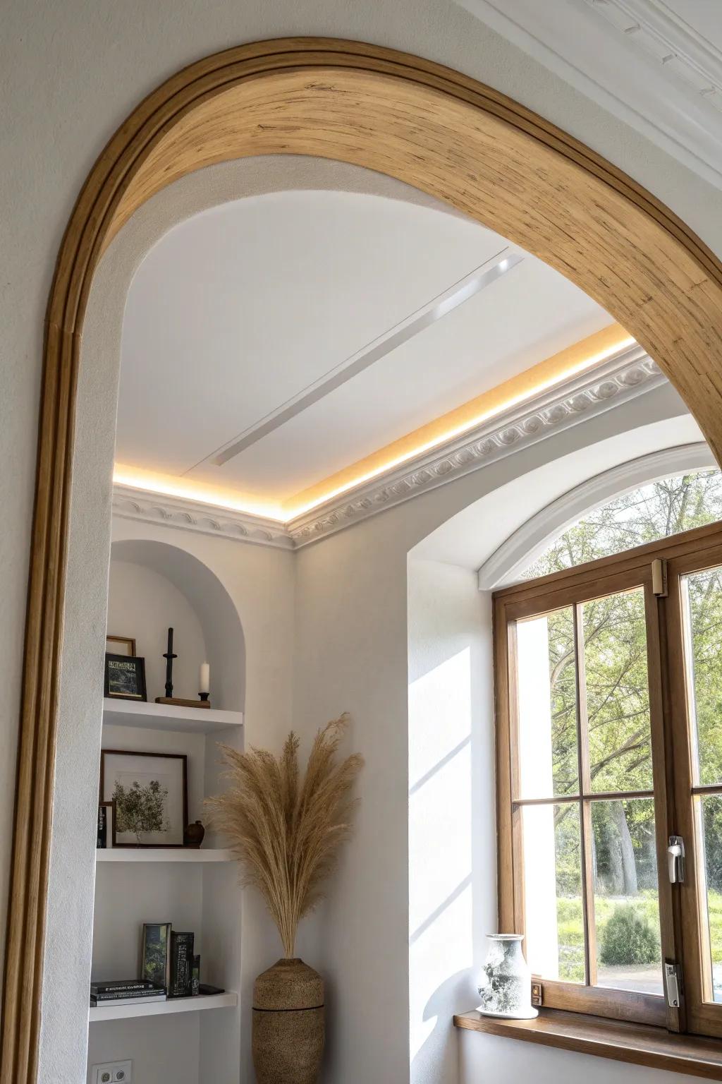 Hidden LED in a curved ceiling cove creates a floating glow that elevates wood grain.