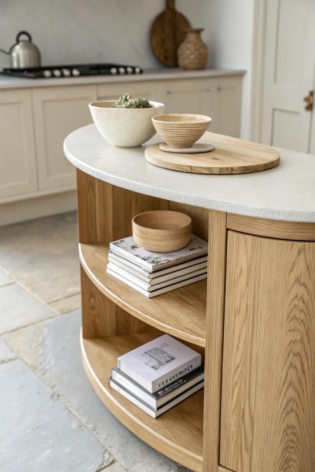 Curved open shelving on a rounded island end—perfect for bowls and cookbooks with built-in charm.
