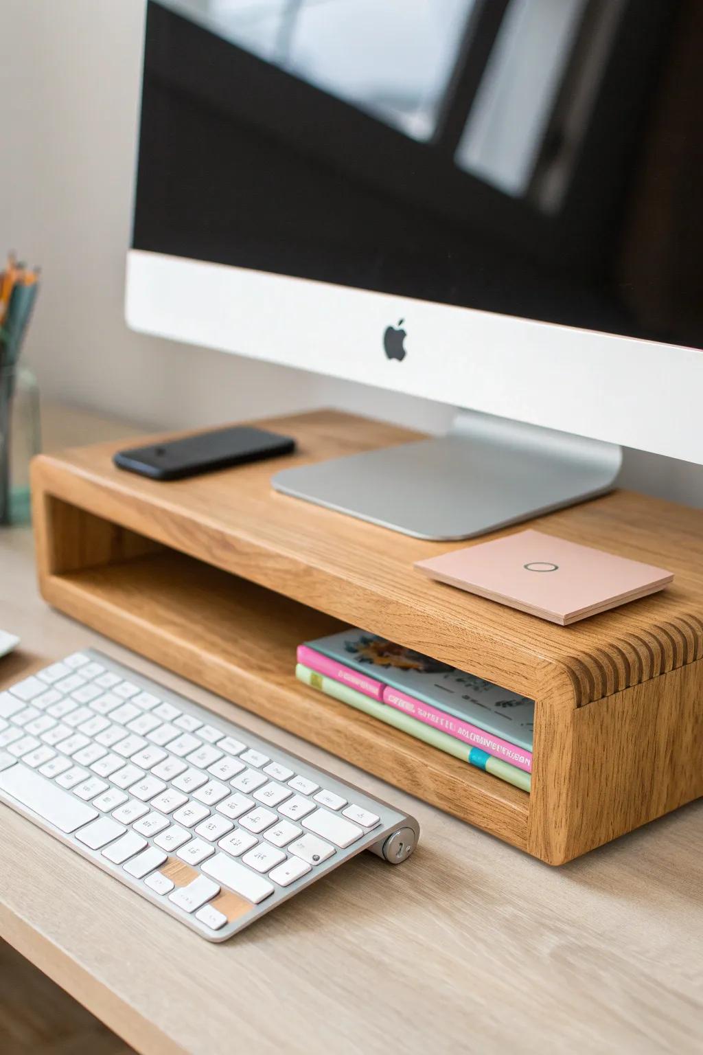 A simple oak monitor riser instantly tidies a teacher desk—with a hidden spot for notes.