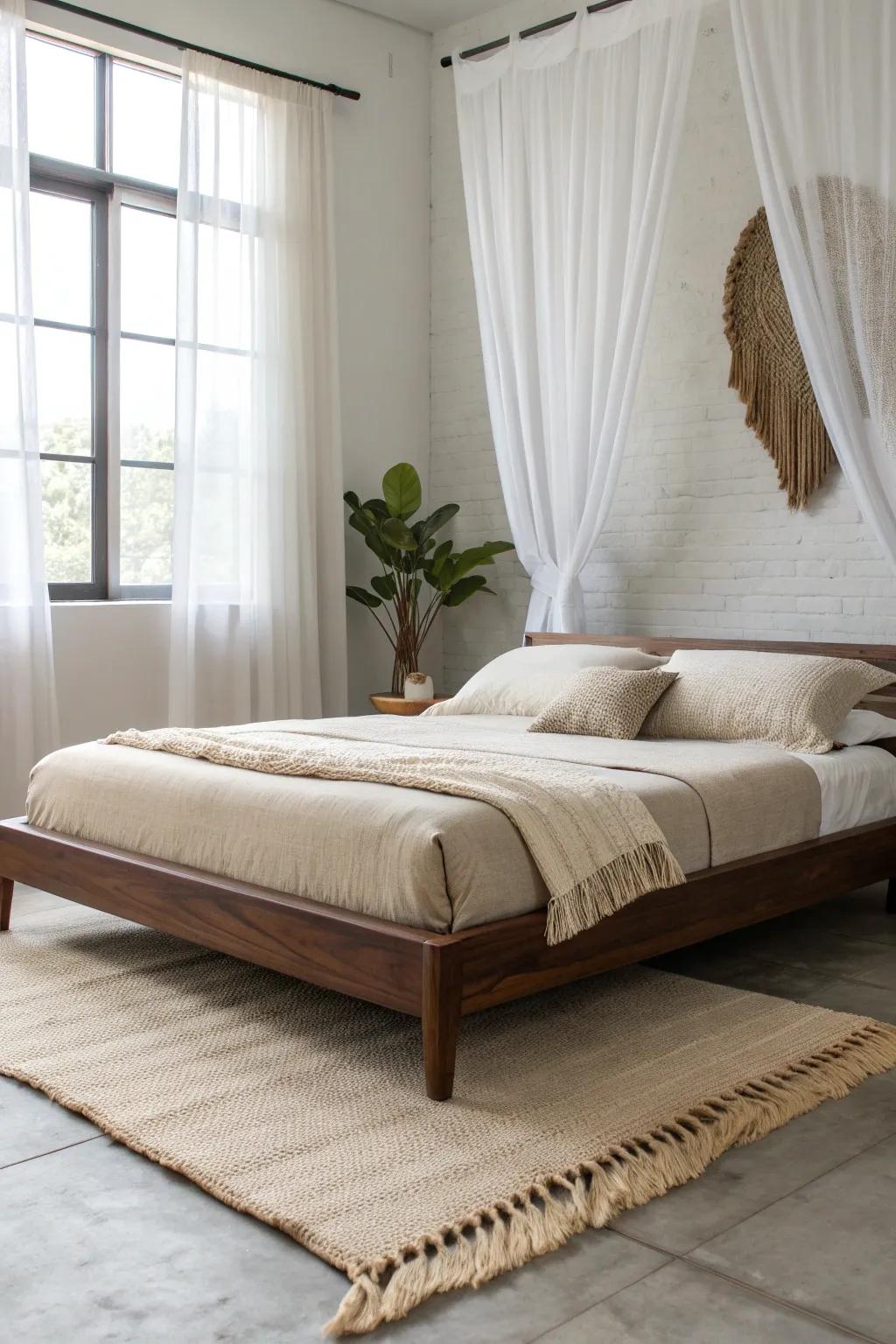 Low dark-brown platform bed for a modern calm—warm walnut contrast with airy linens.