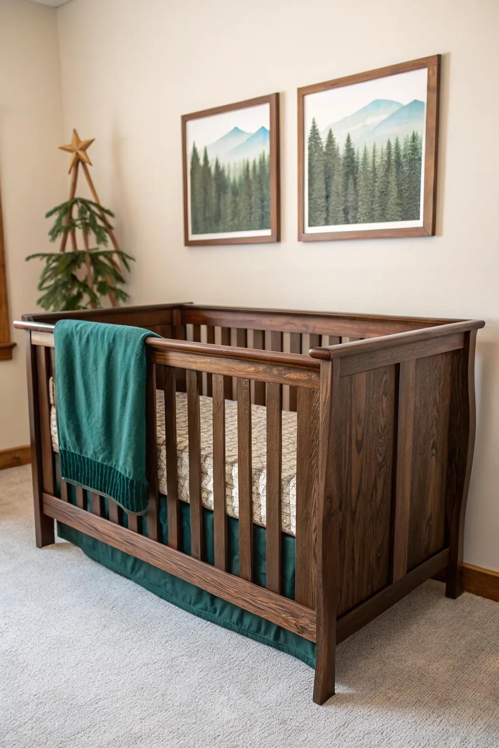 Dark walnut crib + subtle woodland prints for a rustic nursery that feels cozy, not themed.