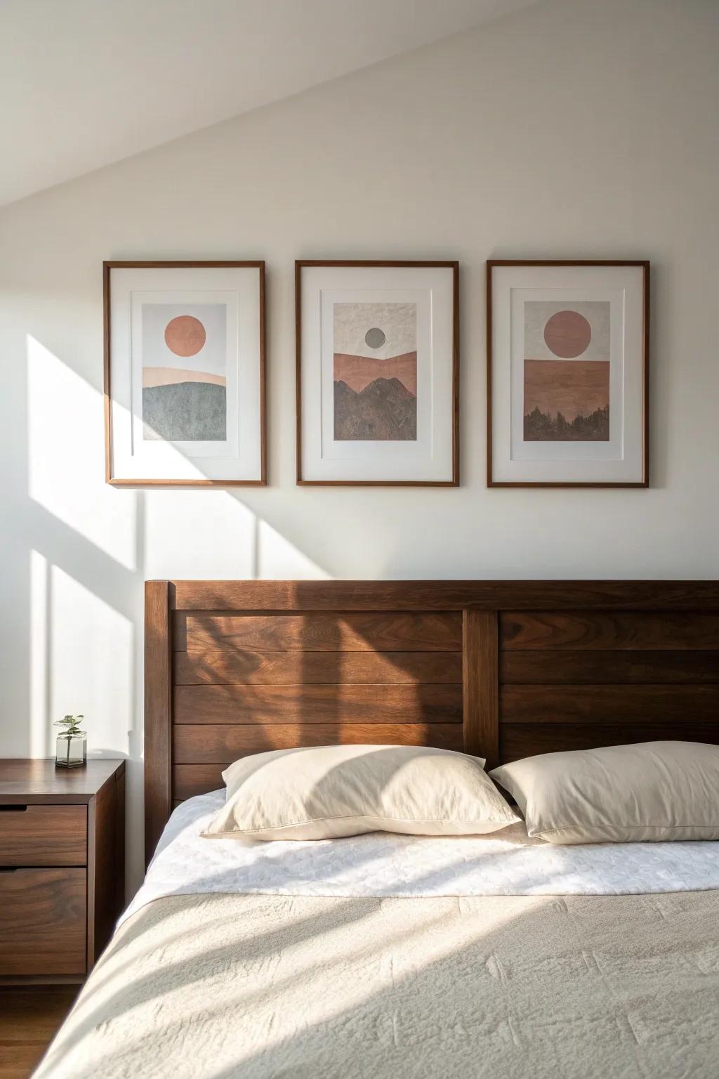 A dark wood headboard elevated by a tall art trio—simple, bold contrast, and warmly styled.