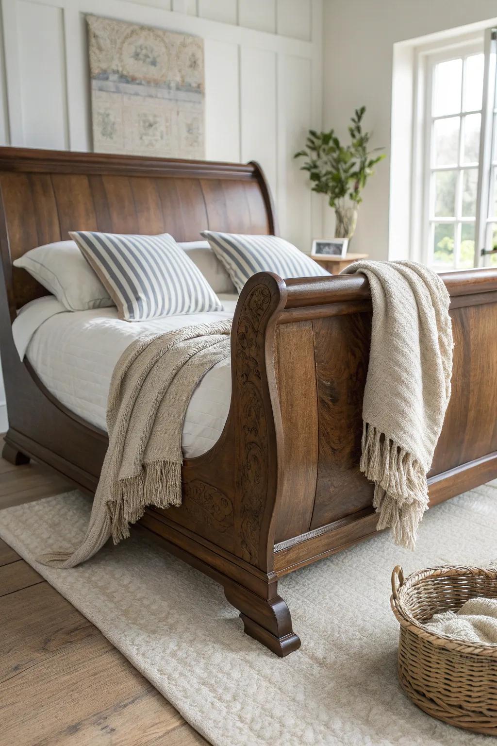 Cottage textures soften a dark wood sleigh bed—stripes, wool, and woven warmth in calm contrast.