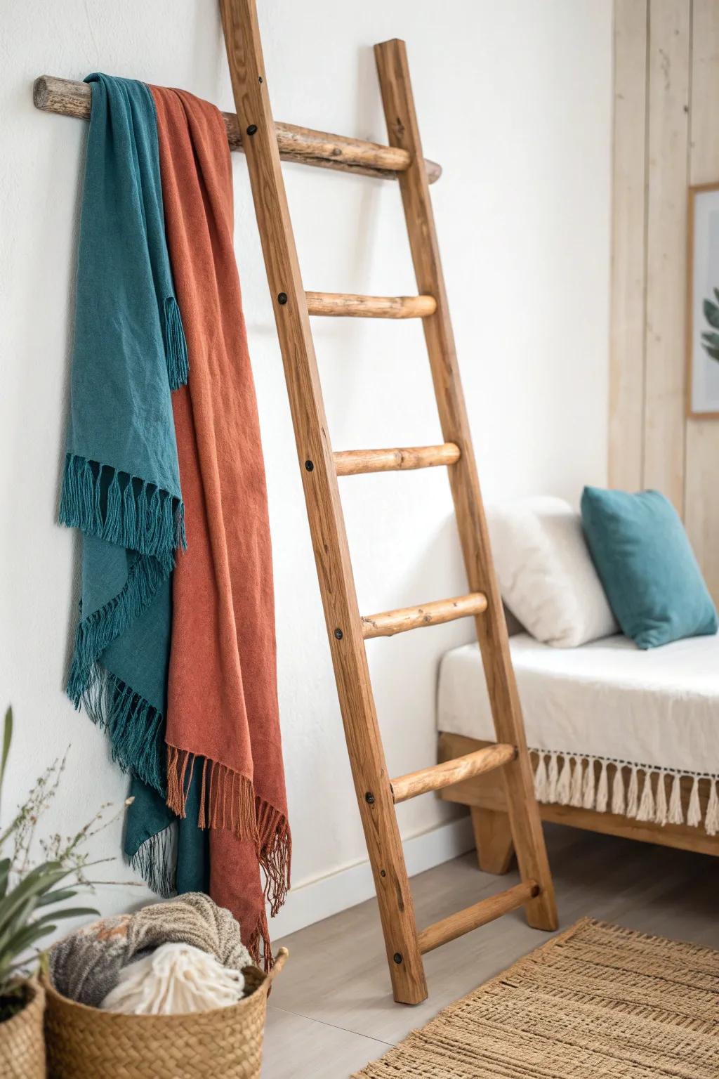 Lean a reclaimed-wood blanket ladder by your daybed for chic vertical storage and cozy color.