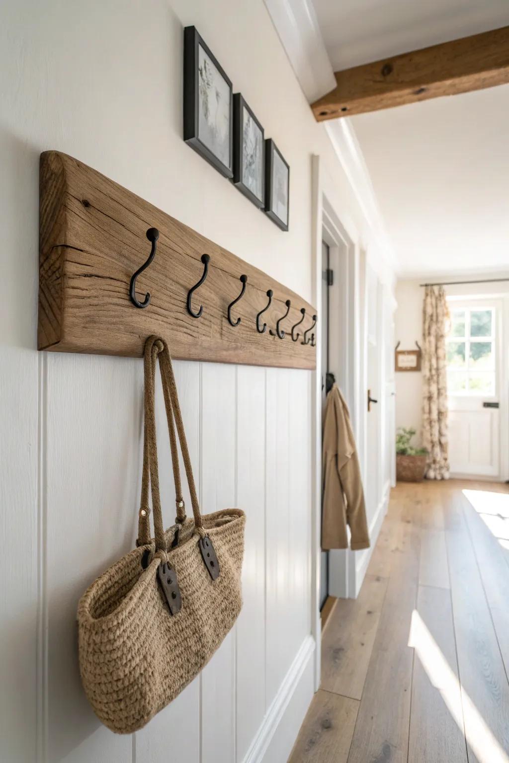 Slim reclaimed-wood hook rail: vertical storage that keeps a narrow hallway clean and calm.