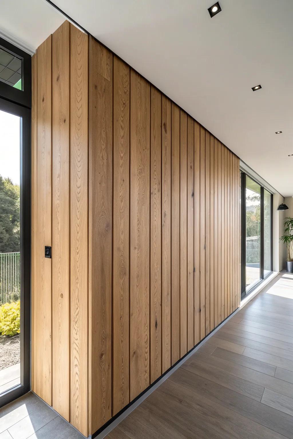 A matte vertical wood accent wall adds cabin warmth while keeping your mountain room airy.