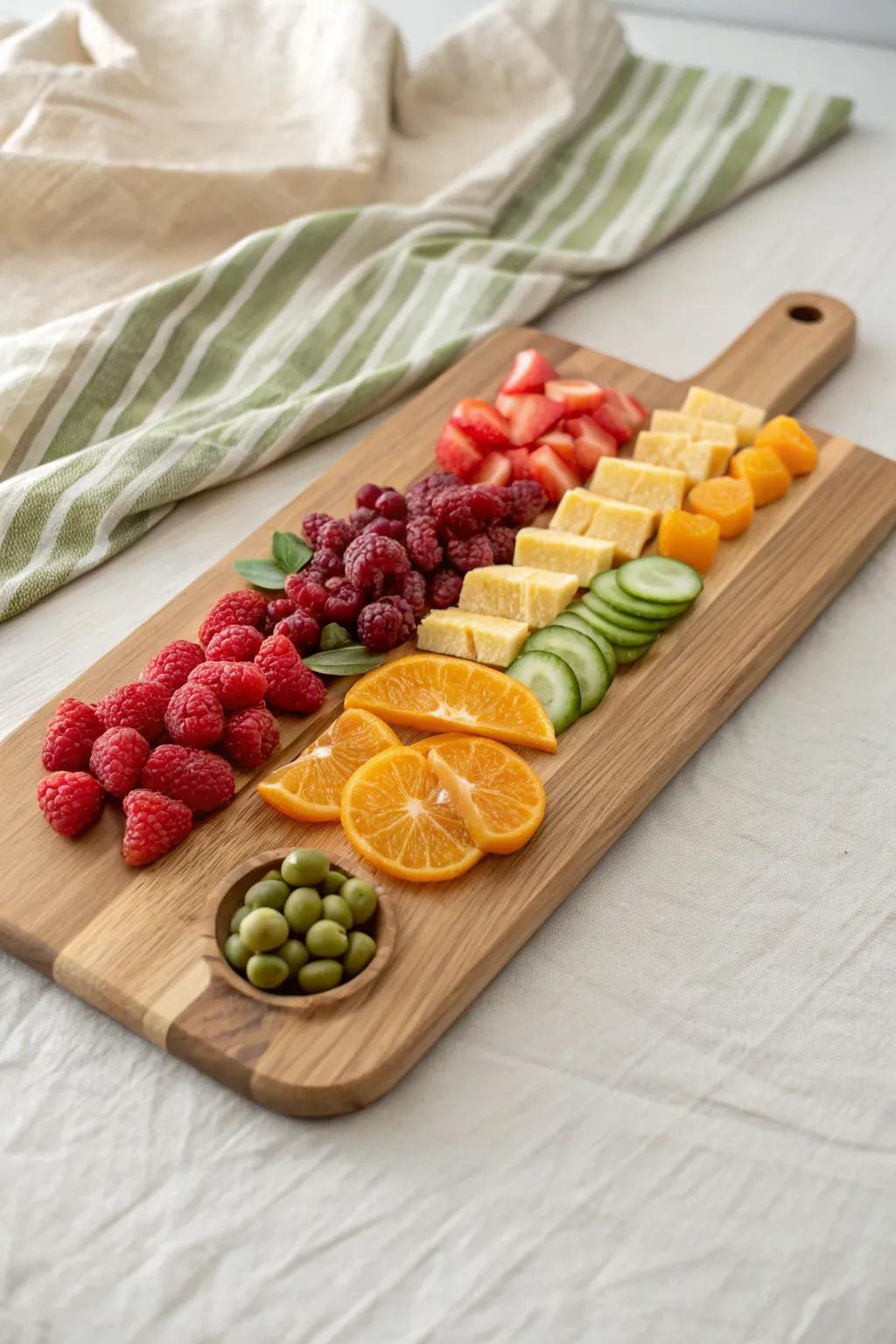 Rainbow Row charcuterie: fresh + dried textures in bold color bands on a handcrafted board.