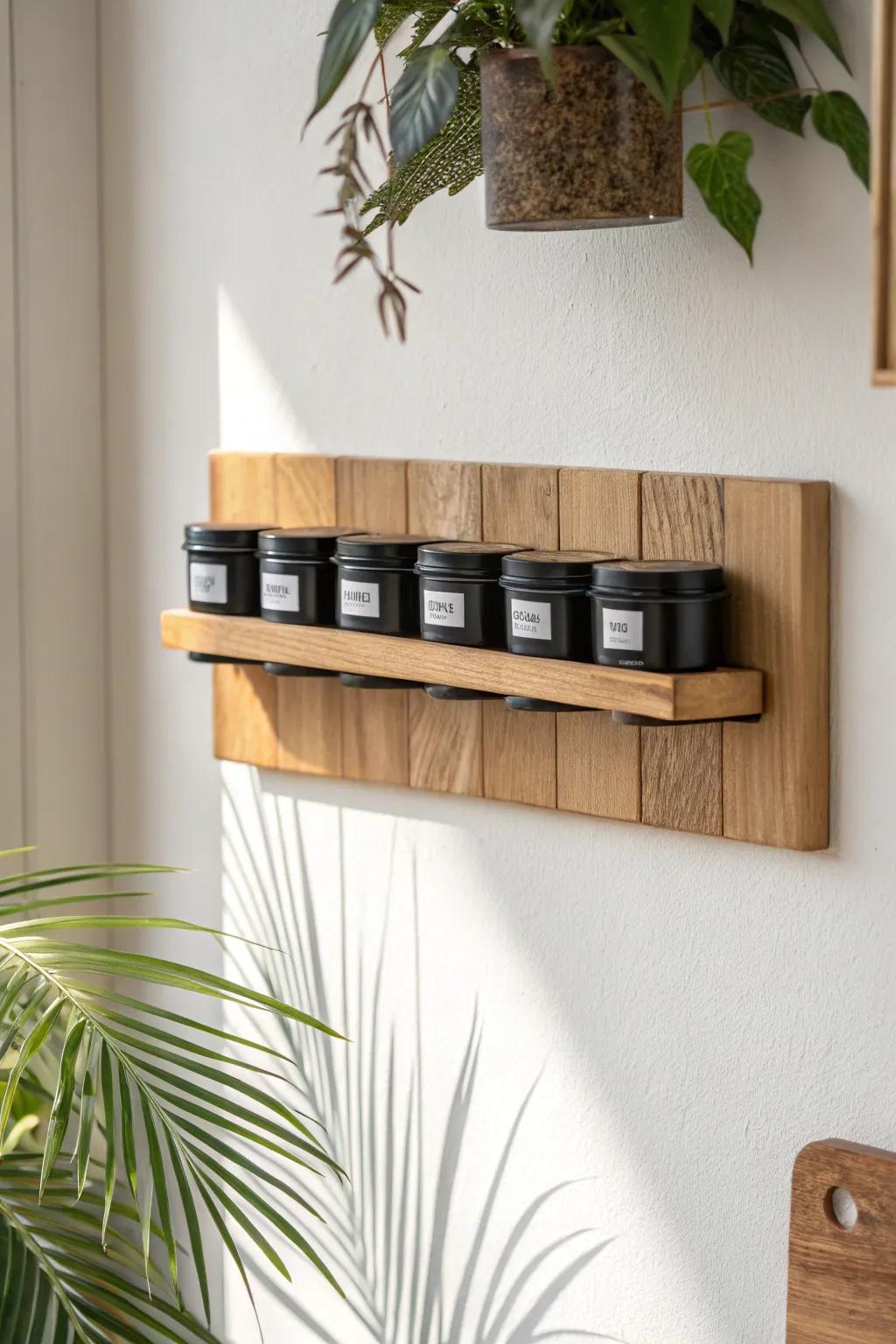 Clean oak magnetic spice strip—floating matte-black tins for a modern rustic look.