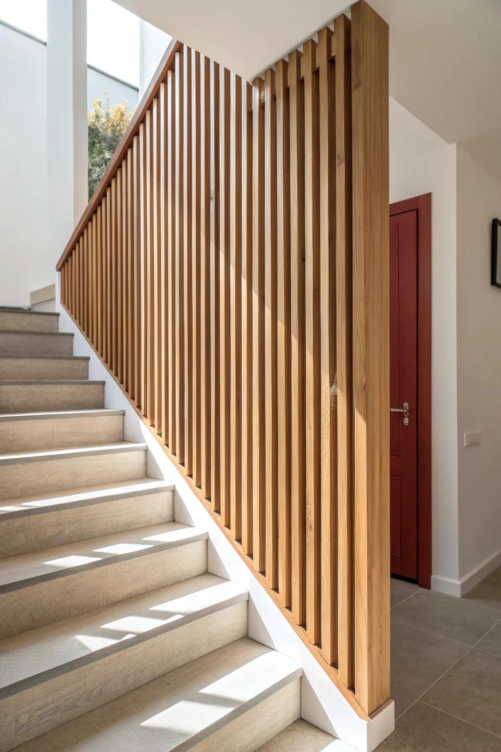 Vertical oak slat stringer screen—airy texture and repeating lines that make the staircase feel taller.