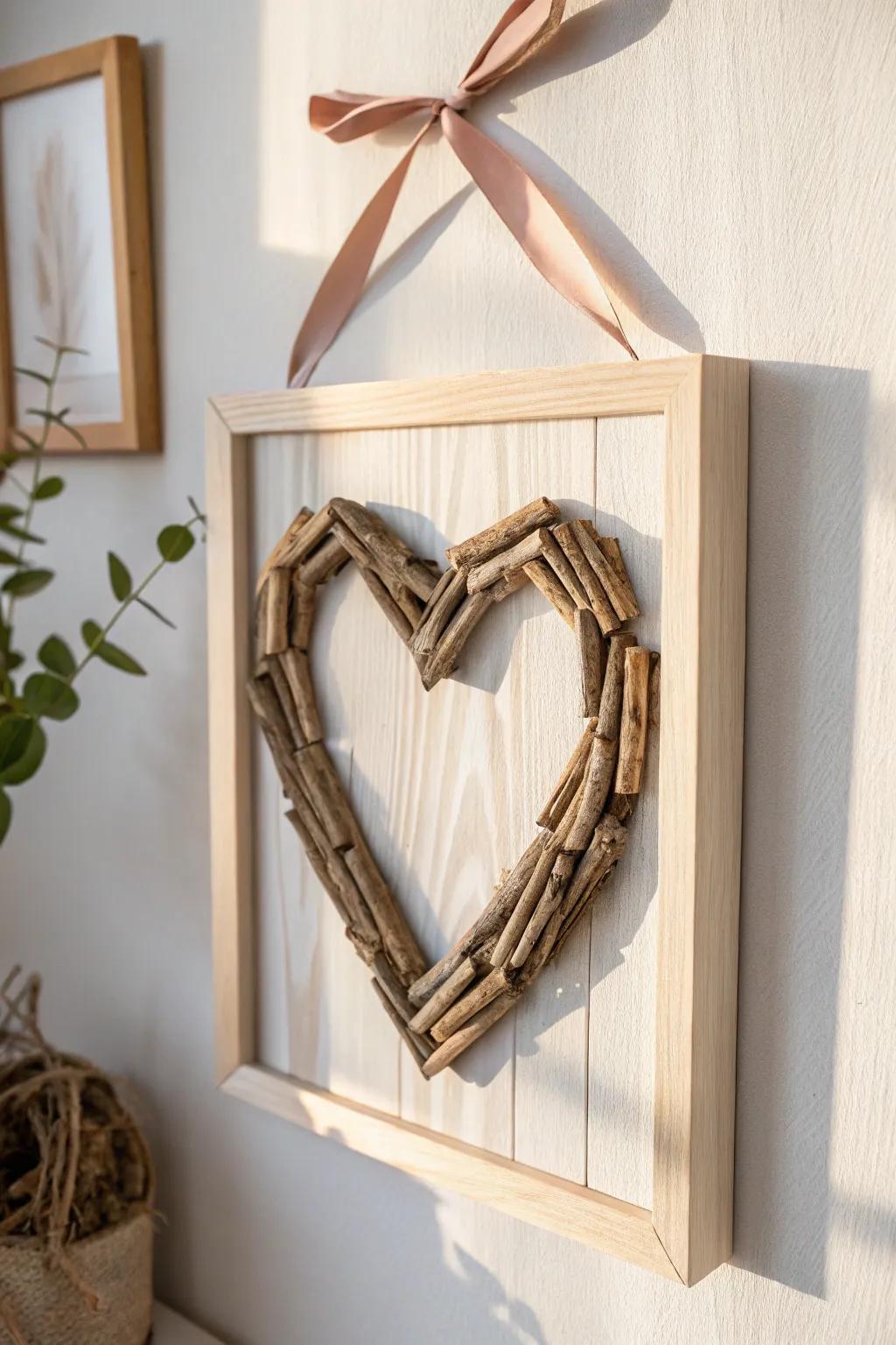 Minimal twig heart wall art—Scandi simplicity with a warm boho pop and handmade charm.