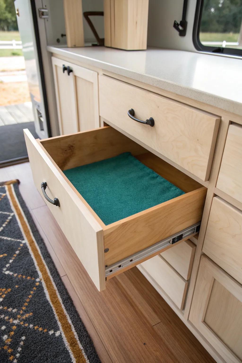 Friction-slide pantry pullout: smooth access, stays shut on the road—no surprise openings.