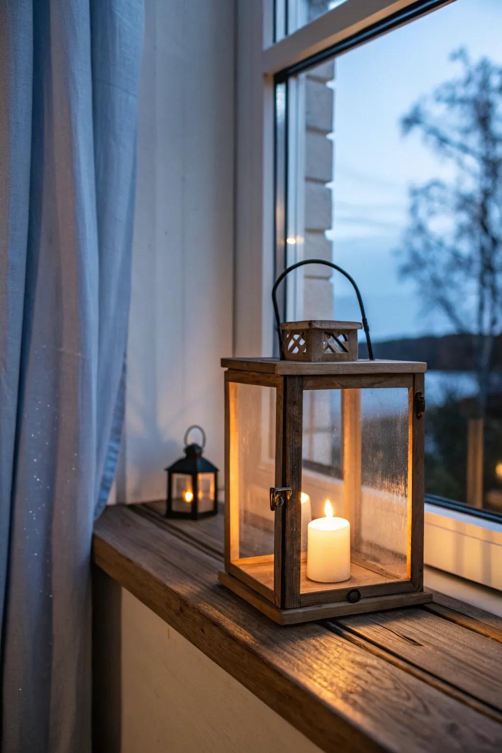 Low, chunky lantern glow turns a deep window sill into a cozy, handcrafted night nook.