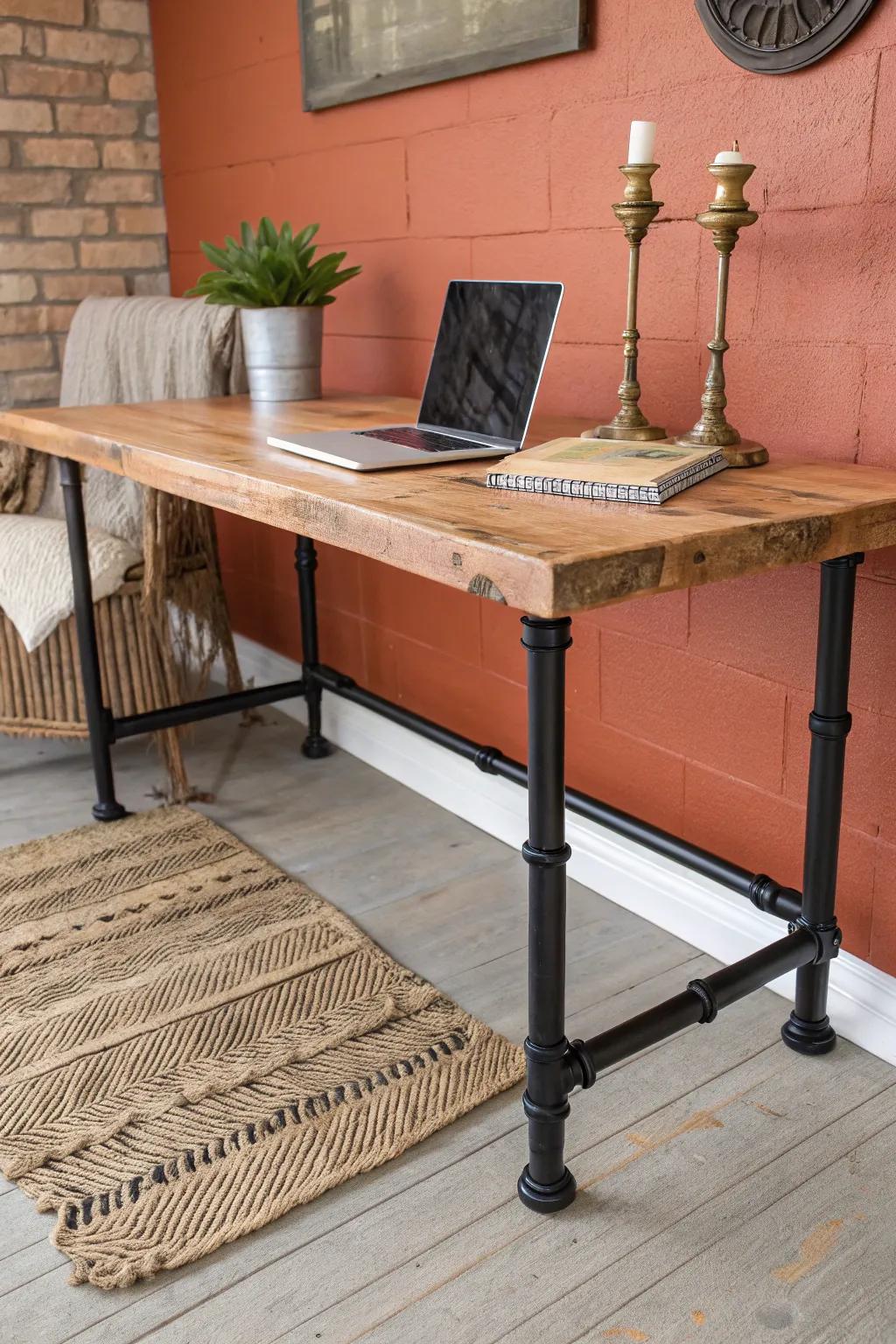 Industrial pipe frame desk: rugged black steel base + warm oak top for a bold, steady build.