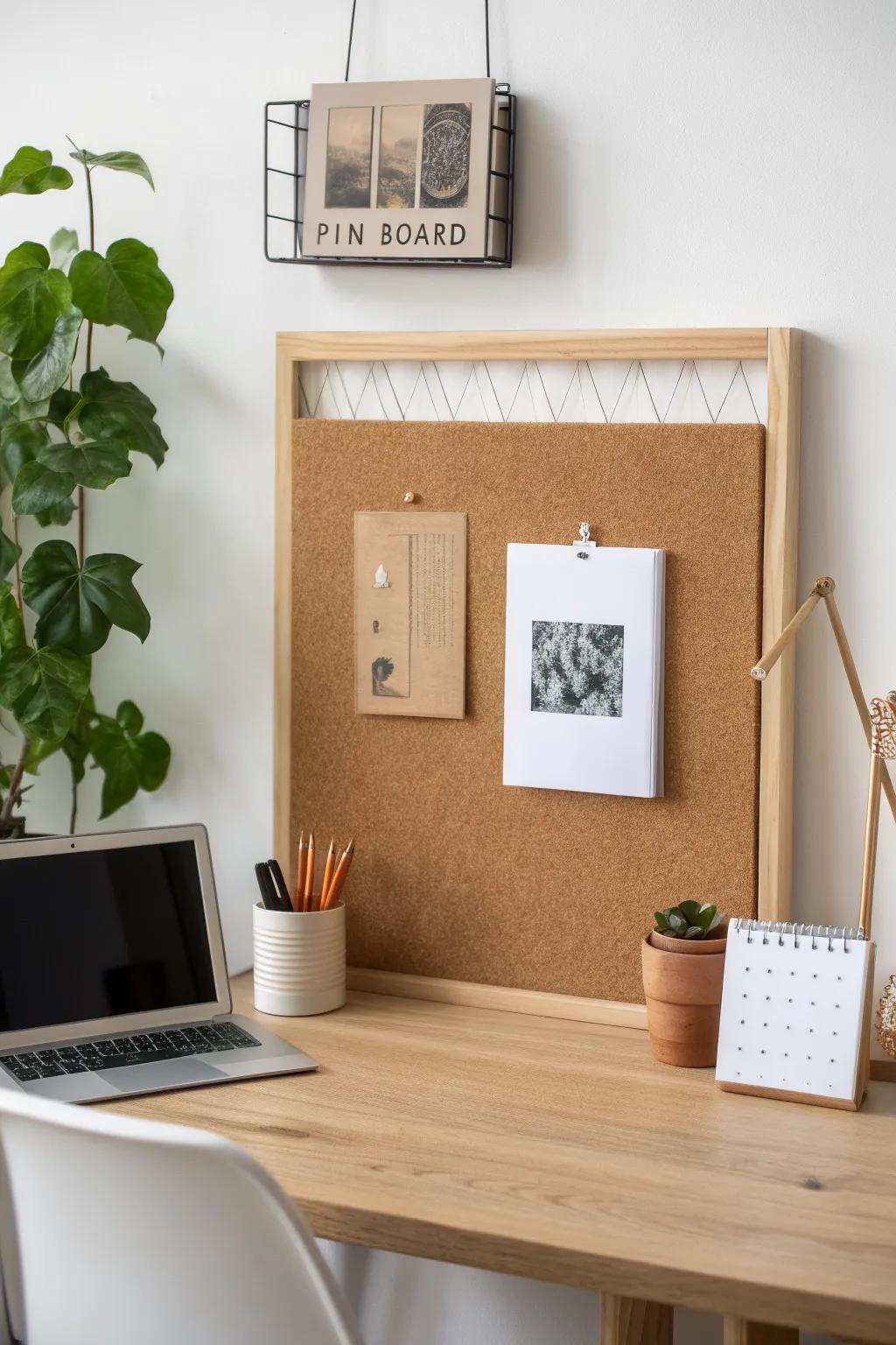 A sleek oak pin board with a picture ledge—perfect for postcards, frames, and a mini calendar.