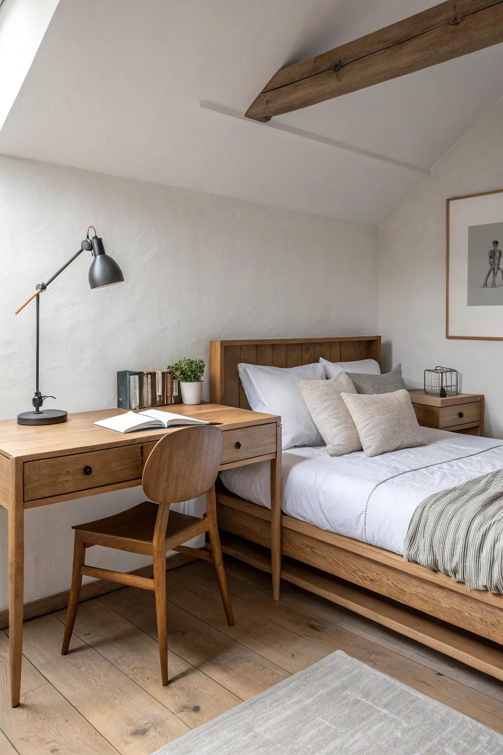 A cozy wood desk tucked under a lofted bed—minimal, space-smart, and beautifully warm.
