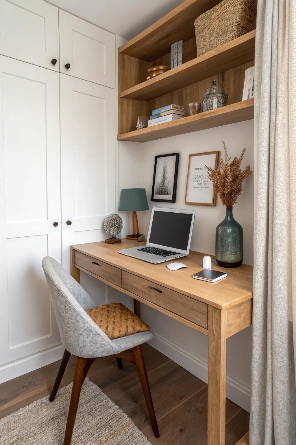 Closet office magic: a warm wood countertop desk that closes away for instant calm.
