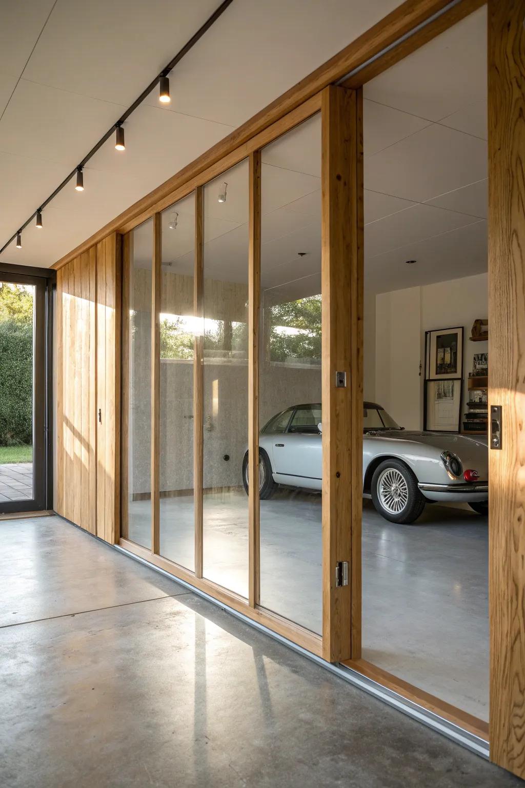Oak-framed glass divider turns a detached garage into a chic lounge with a showroom view.