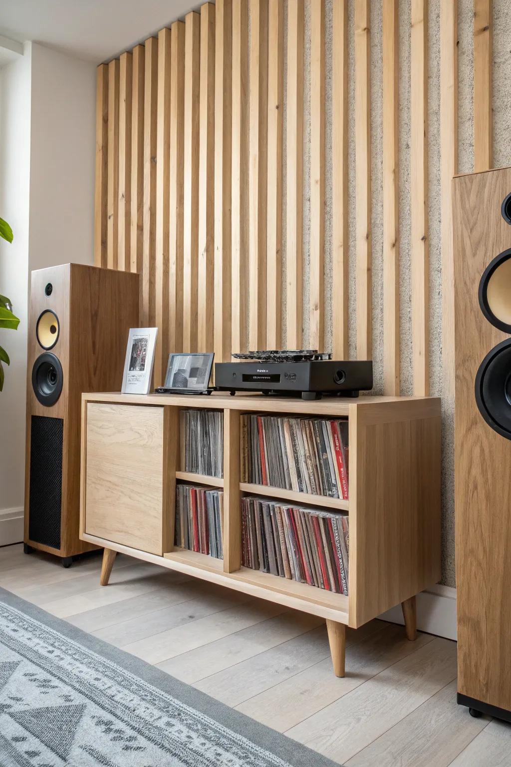 Turn your dining room into a calm listening nook with a handcrafted plywood record console.