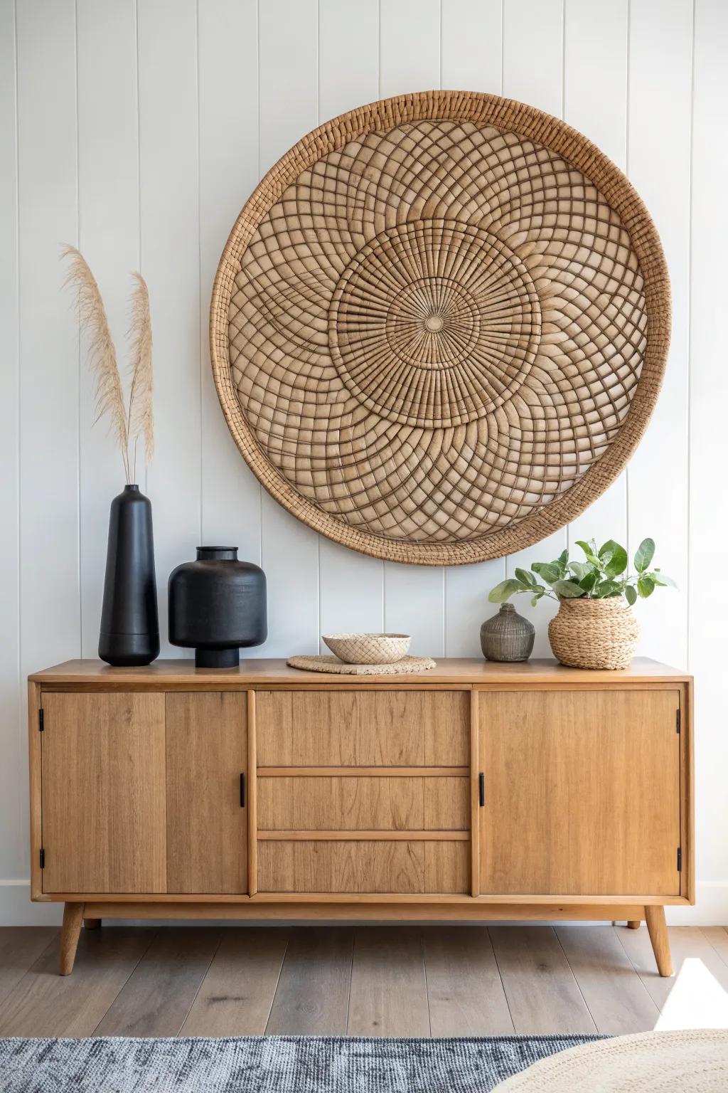 Warm woven texture above a clean oak server—simple, soft, and beautifully handcrafted.