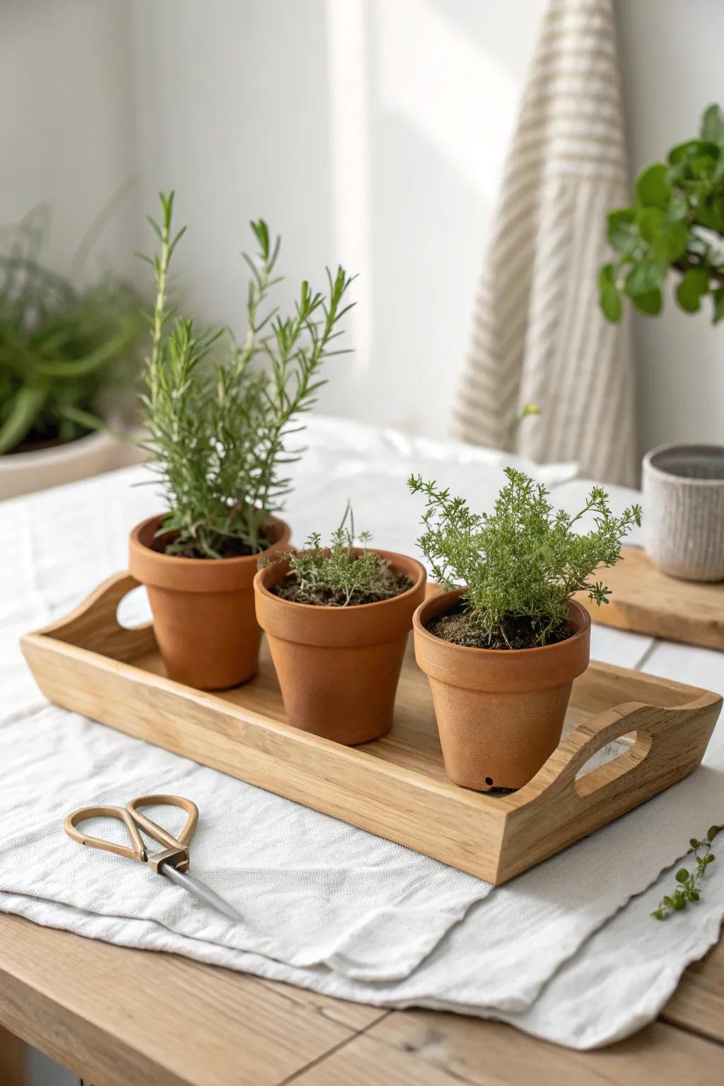 Mini herb garden on a wood tray—fresh rosemary and thyme that doubles as dinner prep.