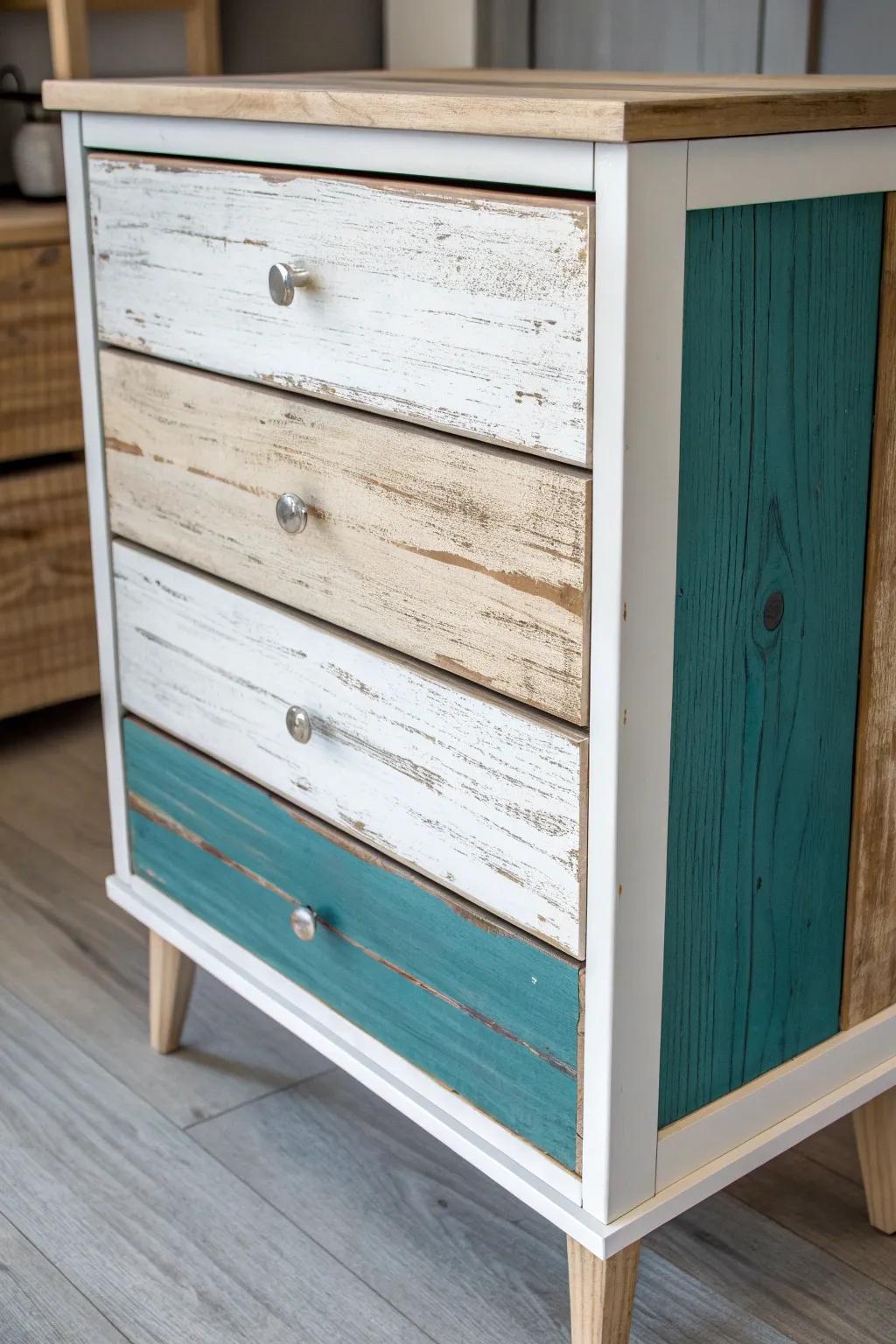 Planked drawer fronts + a distressed paint finish for reclaimed-wood charm with modern contrast.