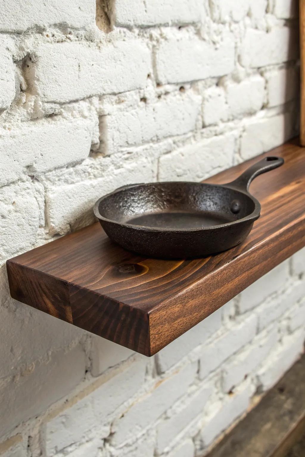 Showcase your culinary heritage with elegant floating shelves for your cast iron collection.