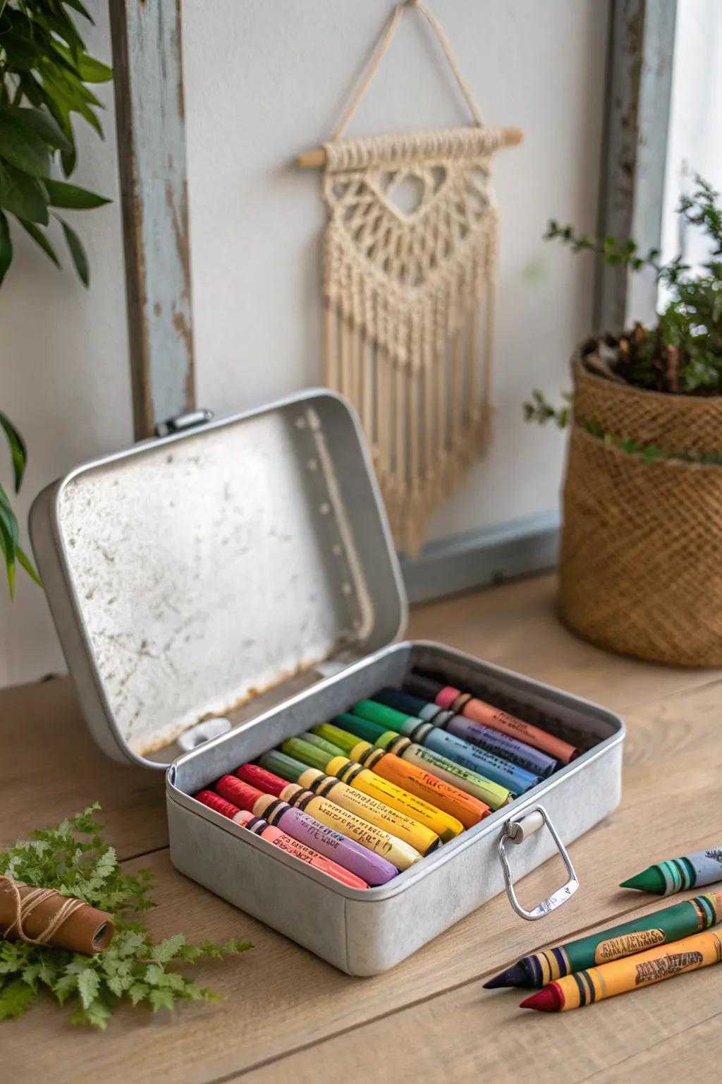 Transform a charming metal lunchbox into a chic crayon organizer for creativity on the go!