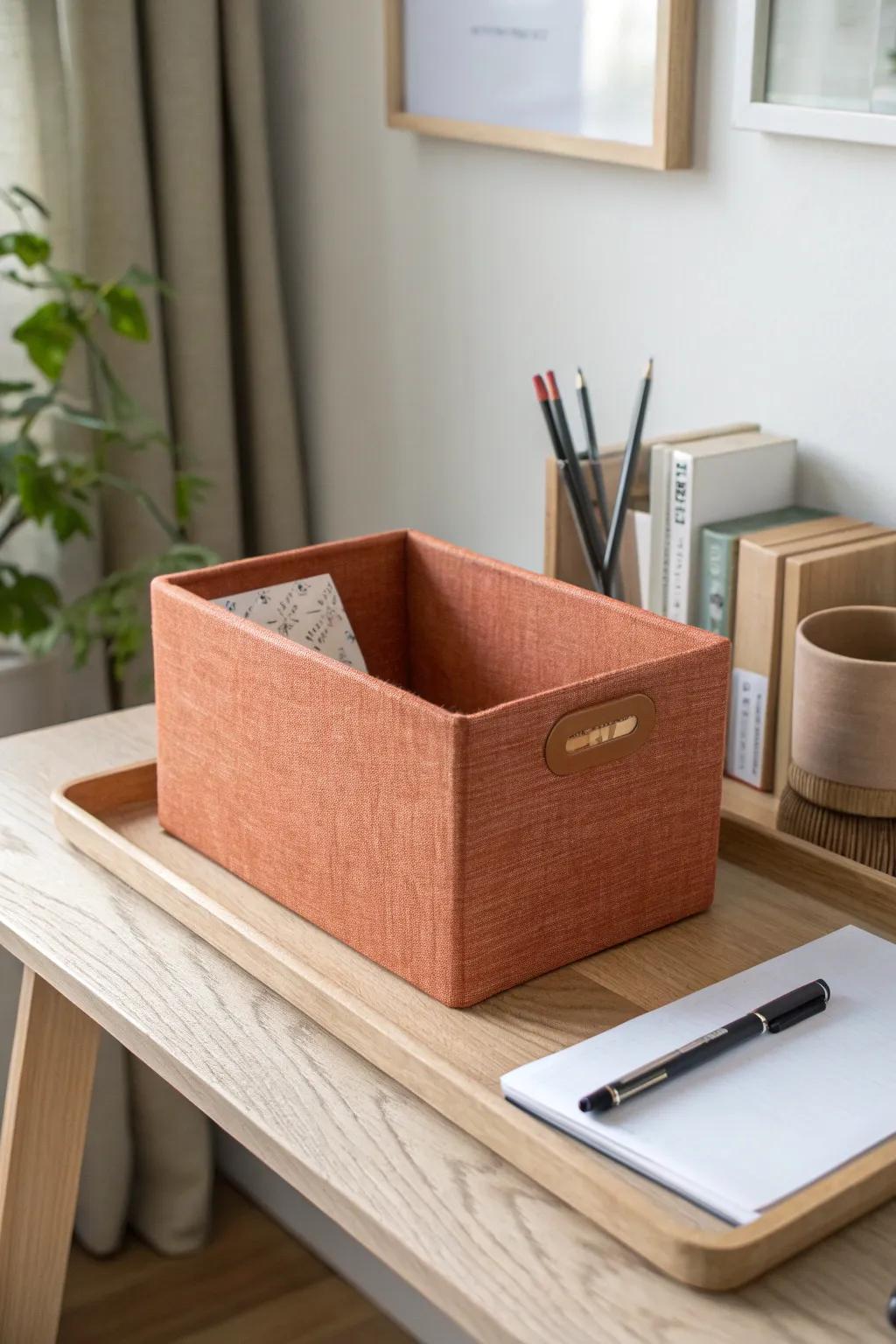 Upcycled cereal box bin in bold terracotta, finished cleanly and styled on a simple oak tray.