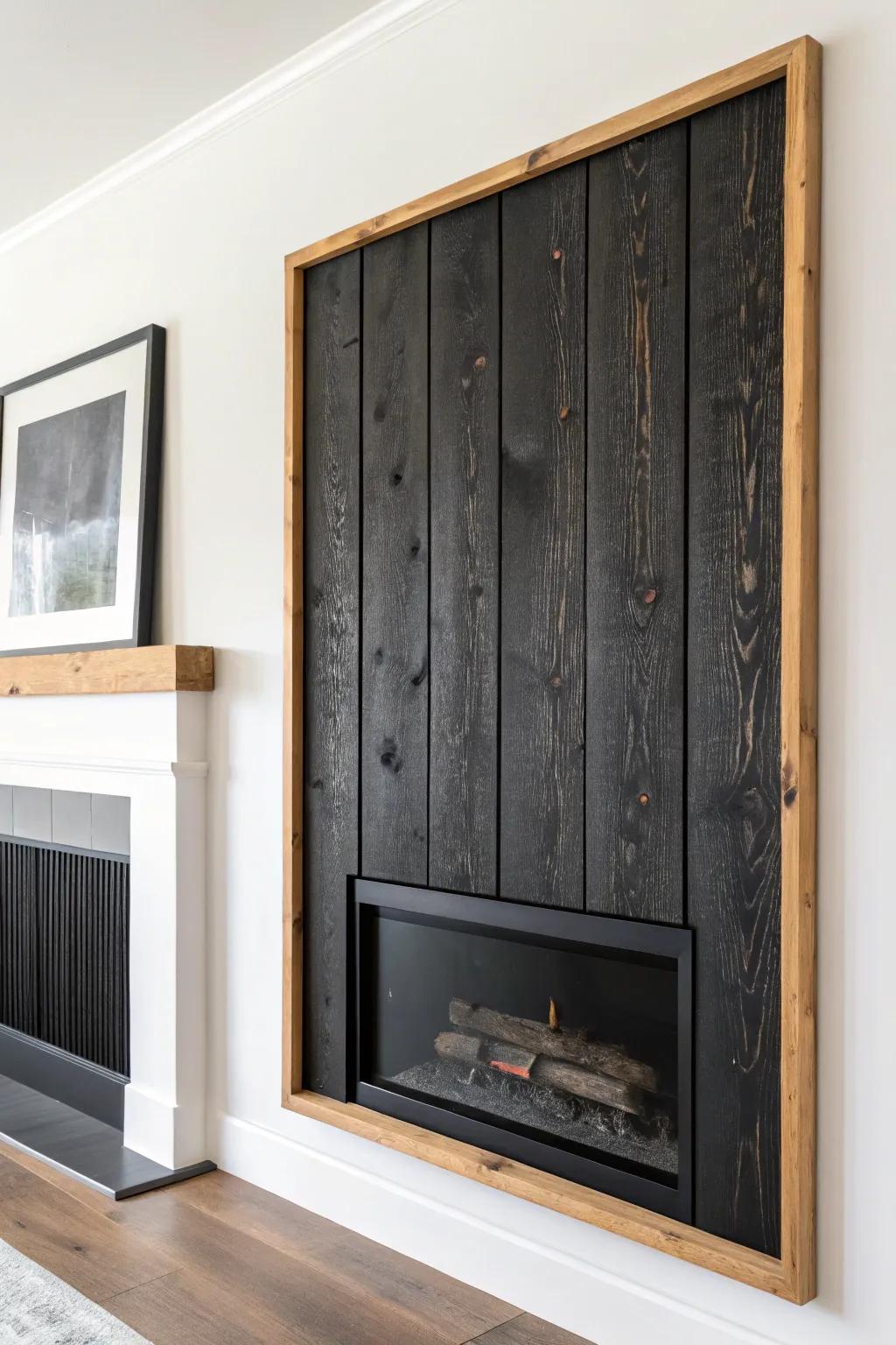 Frame a charred-wood panel above your electric fireplace for instant moody, curated contrast.